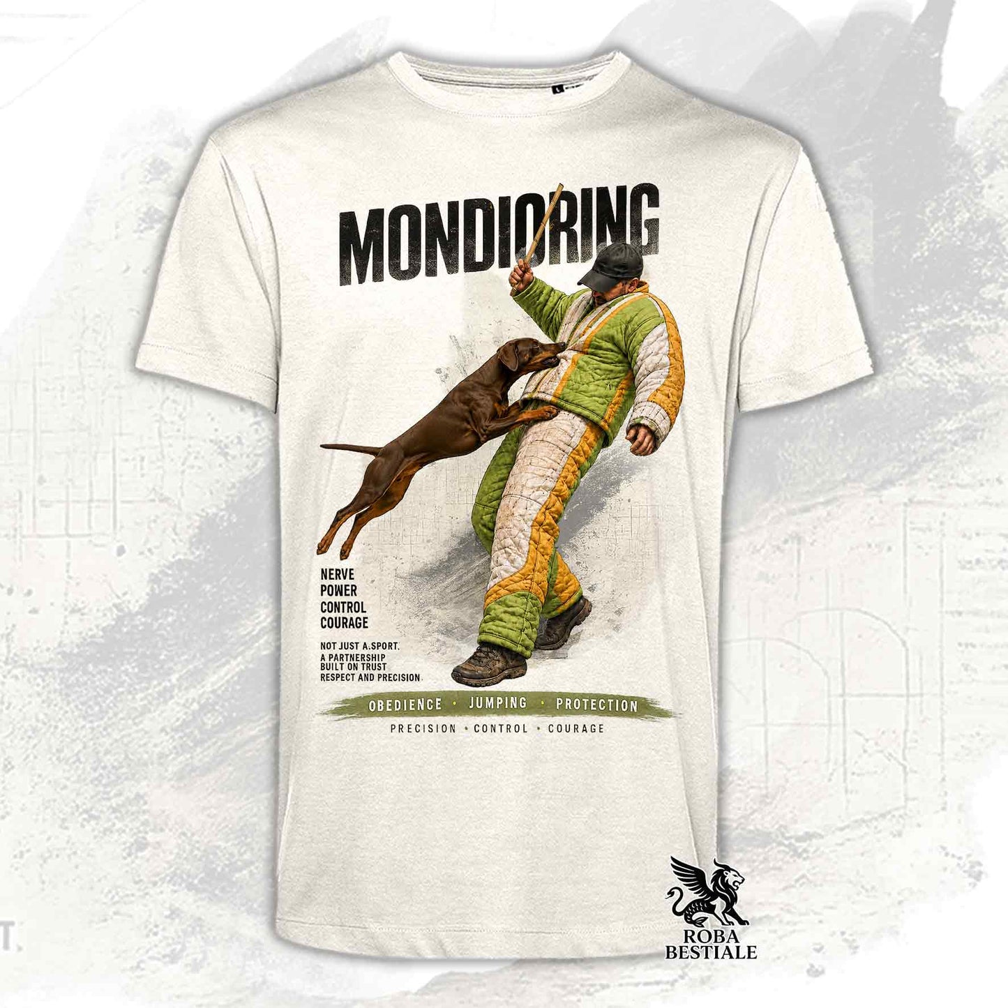 T-shirt beige stampata con Dobermann in una grafica dedicata al Mondioring, collezione Zero DIstance di Roba Bestiale