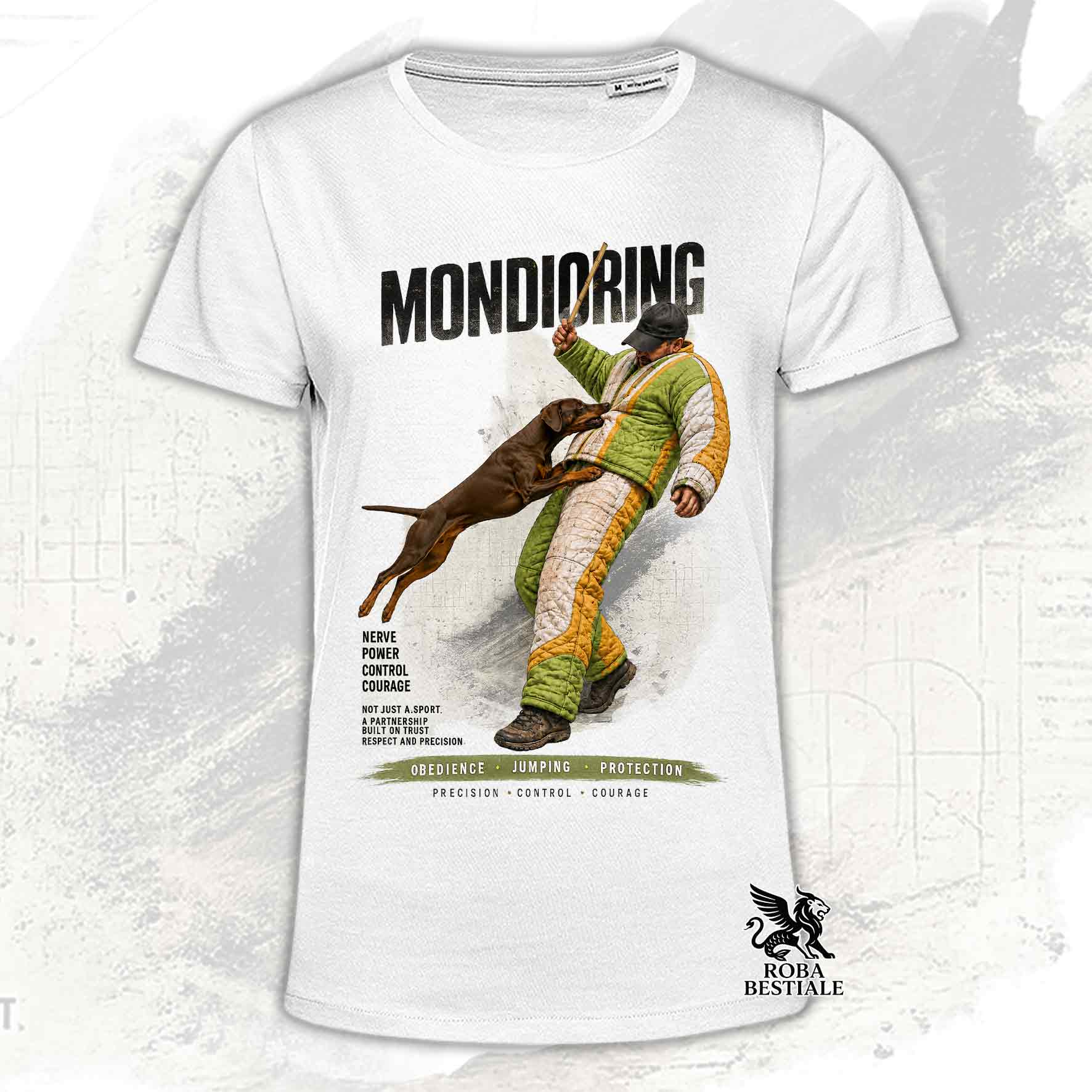 T-shirt bianca stampata con Dobermann in una grafica dedicata al Mondioring, collezione Zero DIstance di Roba Bestiale