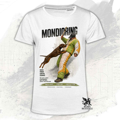 T-shirt bianca stampata con Dobermann in una grafica dedicata al Mondioring, collezione Zero DIstance di Roba Bestiale