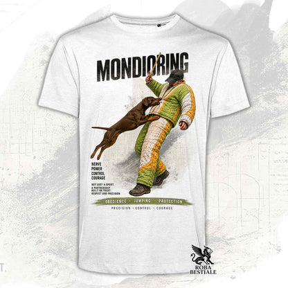 T-shirt bianca stampata con Dobermann in una grafica dedicata al Mondioring, collezione Zero DIstance di Roba Bestiale