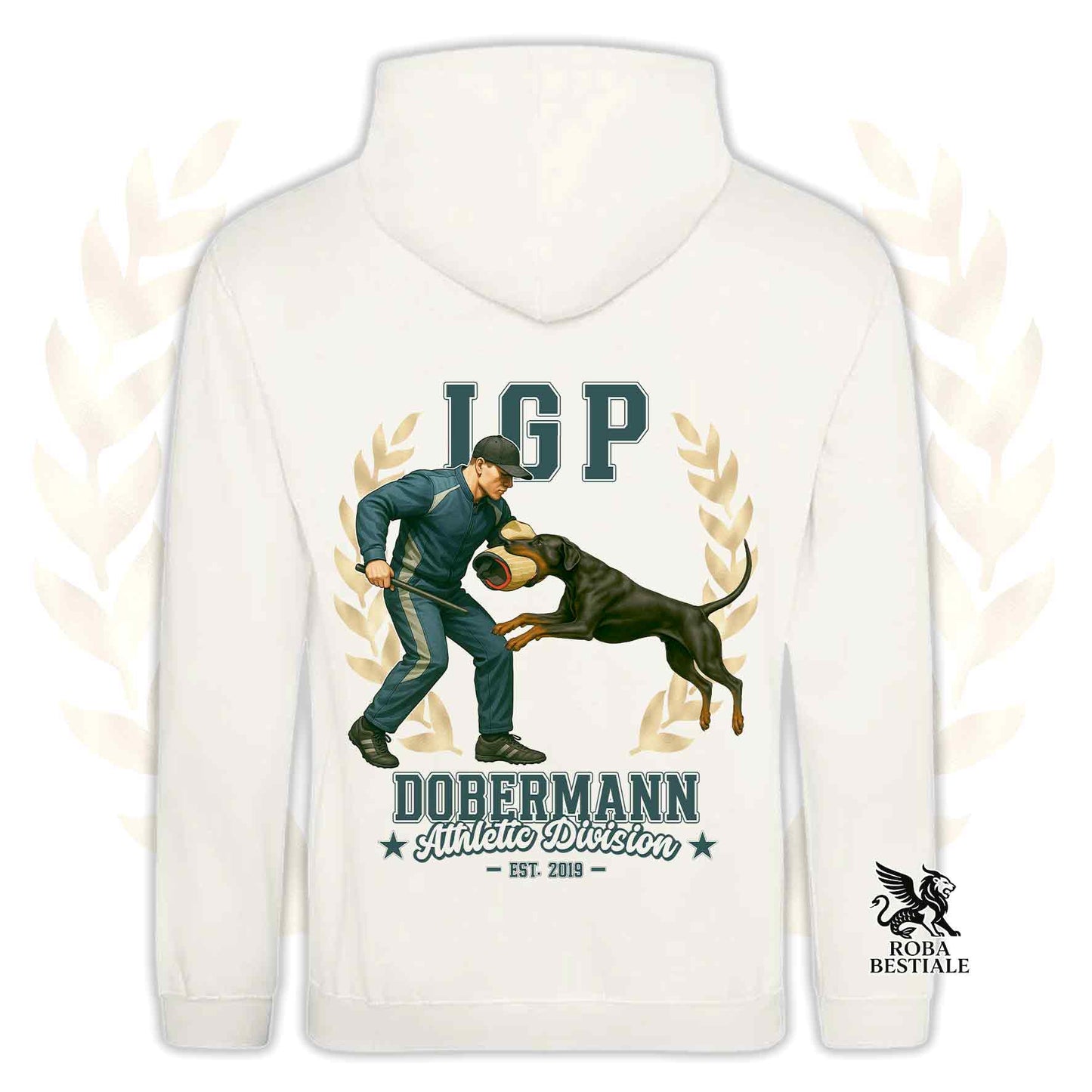 Una felpa con cappuccio e tasconi stampata con un Dobermann che fa IGP. Grafica originale Roba Bestiale