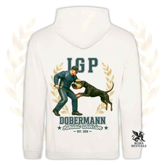 Una felpa con cappuccio e tasconi stampata con un Dobermann che fa IGP. Grafica originale Roba Bestiale