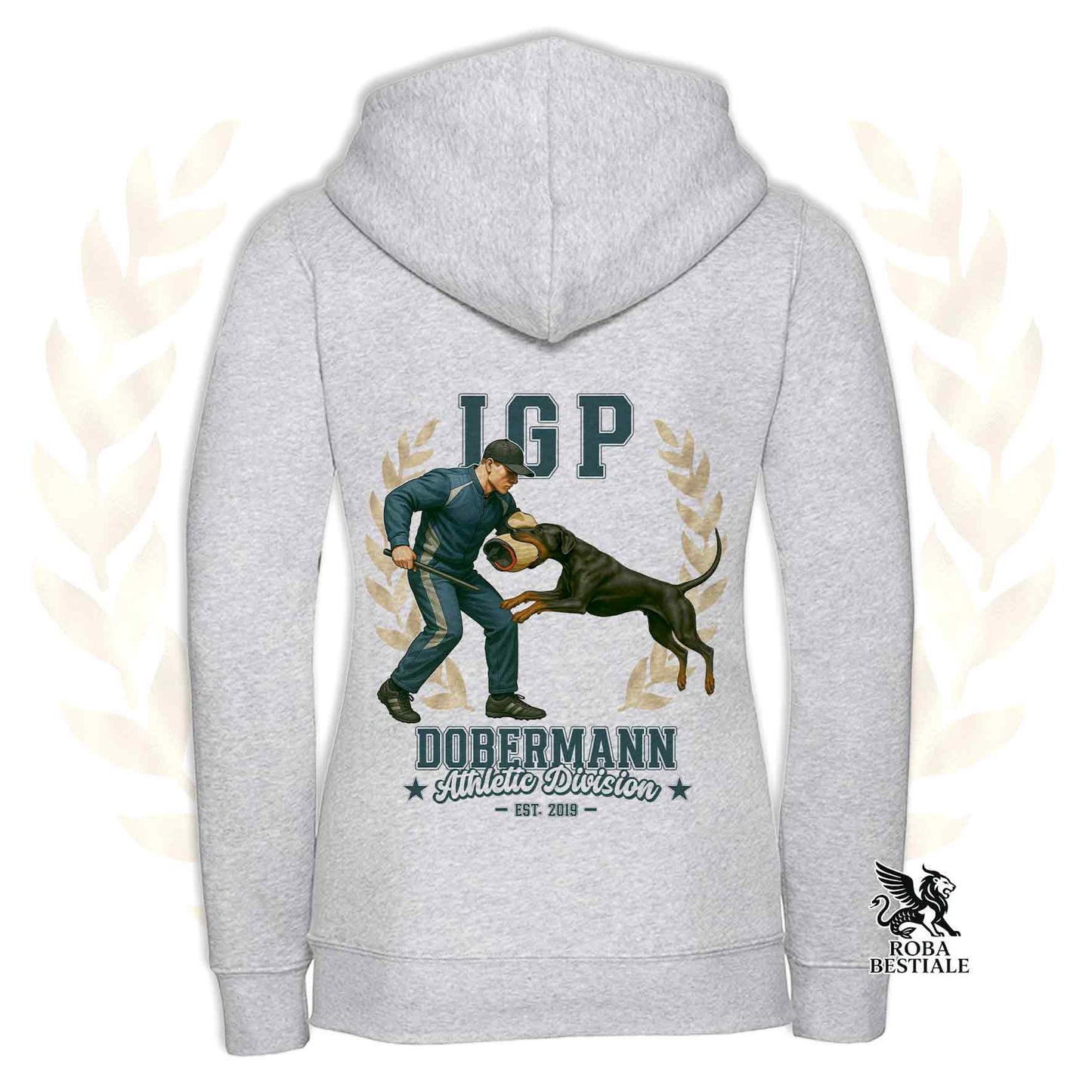 Una felpa con cappuccio e zip stampata con un Dobermann che fa IGP. Grafica originale Roba Bestiale