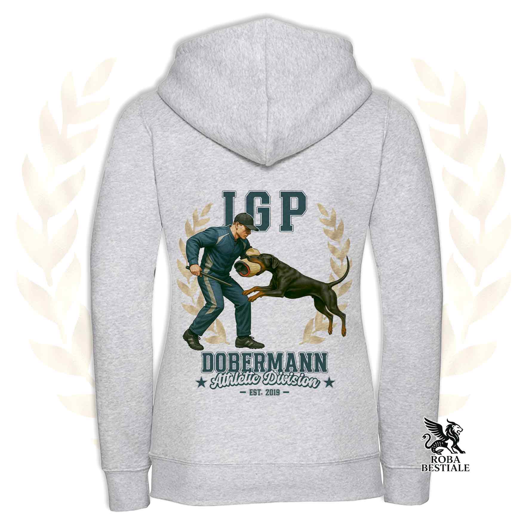 Una felpa con cappuccio e zip stampata con un Dobermann che fa IGP. Grafica originale Roba Bestiale