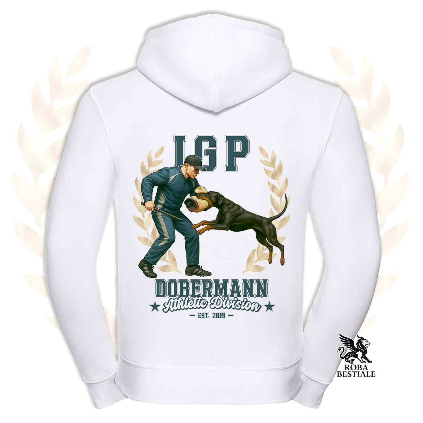 Una felpa con cappuccio e zip stampata con un Dobermann che fa IGP. Grafica originale Roba Bestiale