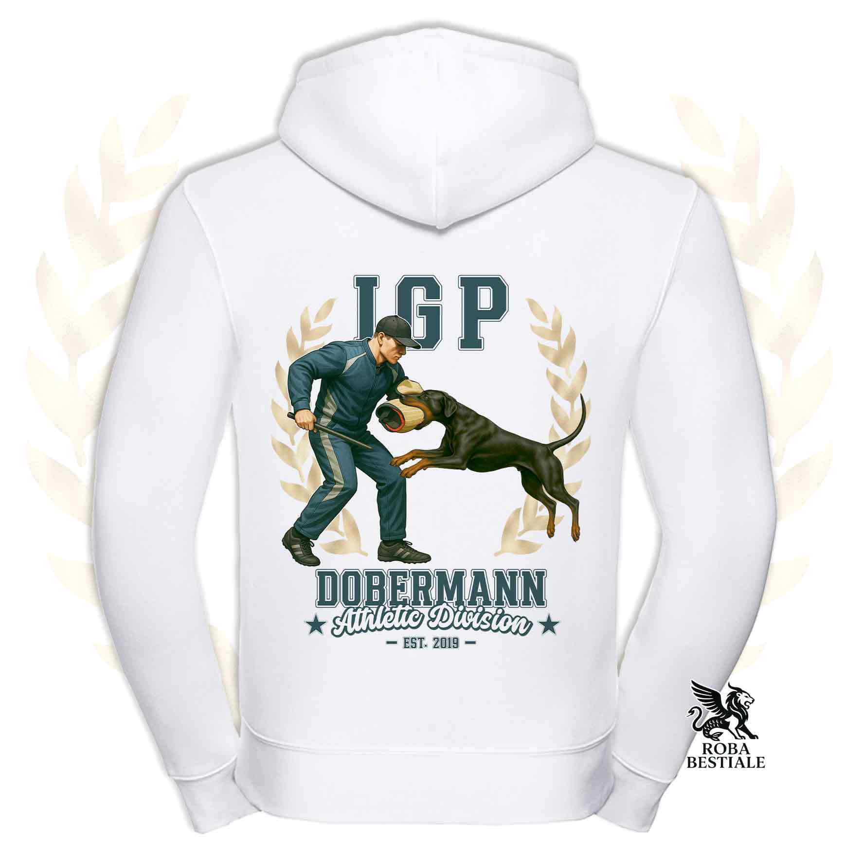 Una felpa con cappuccio e zip stampata con un Dobermann che fa IGP. Grafica originale Roba Bestiale