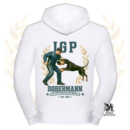 Una felpa con cappuccio e zip stampata con un Dobermann che fa IGP. Grafica originale Roba Bestiale