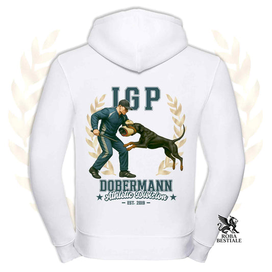 Una felpa con cappuccio e zip stampata con un Dobermann che fa IGP. Grafica originale Roba Bestiale
