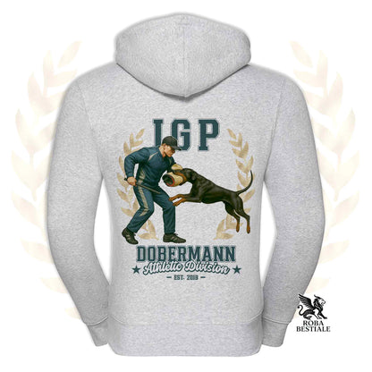 Una felpa con cappuccio e zip stampata con un Dobermann che fa IGP. Grafica originale Roba Bestiale