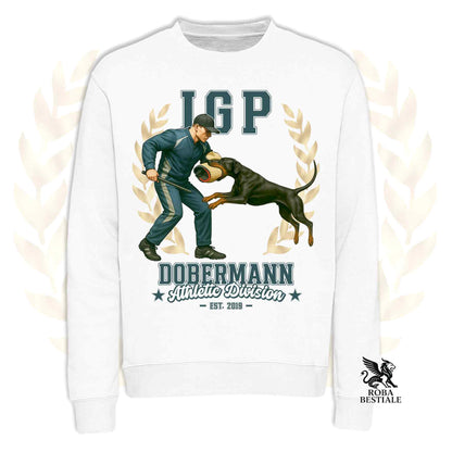 Una felpa girocollo stampata con un Dobermann che fa IGP. Grafica originale Roba Bestiale