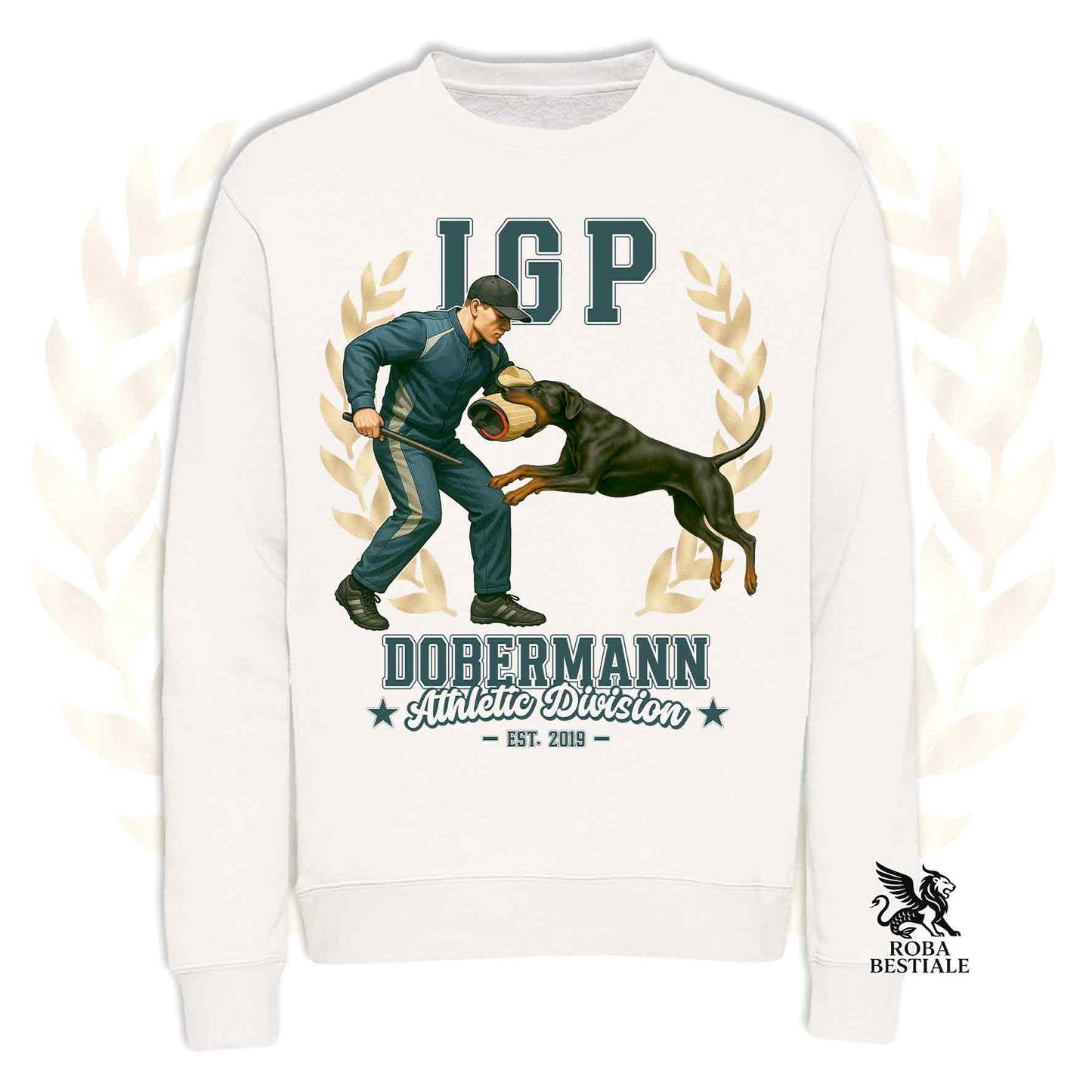 Una felpa girocollo stampata con un Dobermann che fa IGP. Grafica originale Roba Bestiale