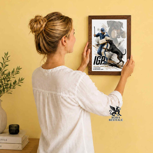 Stampa con cornice in legno con un Dobermann nero focato che pratica IGP. Grafica Zero Distance, originale Roba Bestiale