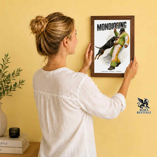Stampa con cornice in legno con un Dobermann che pratica Mondioring. Grafica originale Roba Bestiale