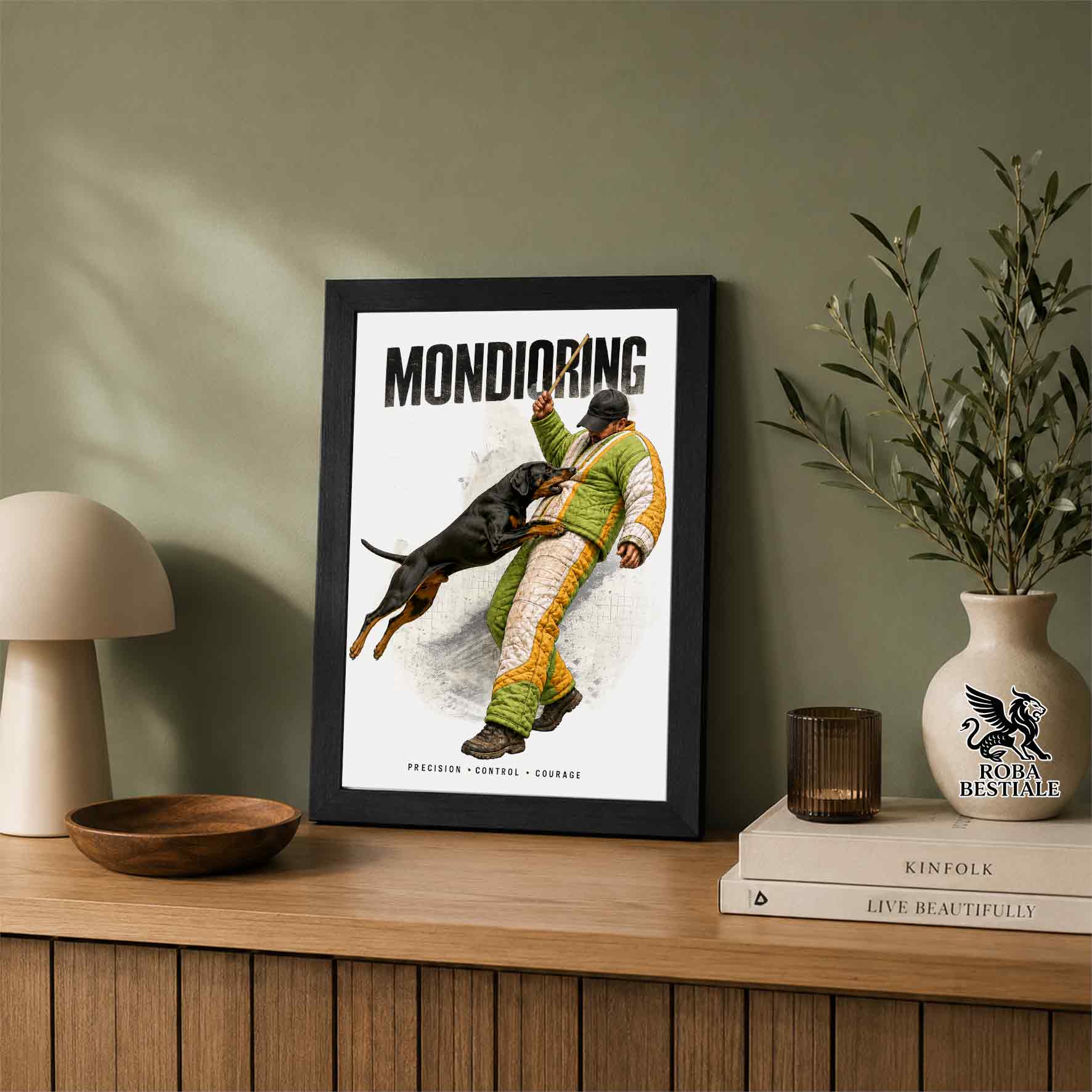 Stampa con cornice in legno con un Dobermann che pratica Mondioring. Grafica originale Roba Bestiale