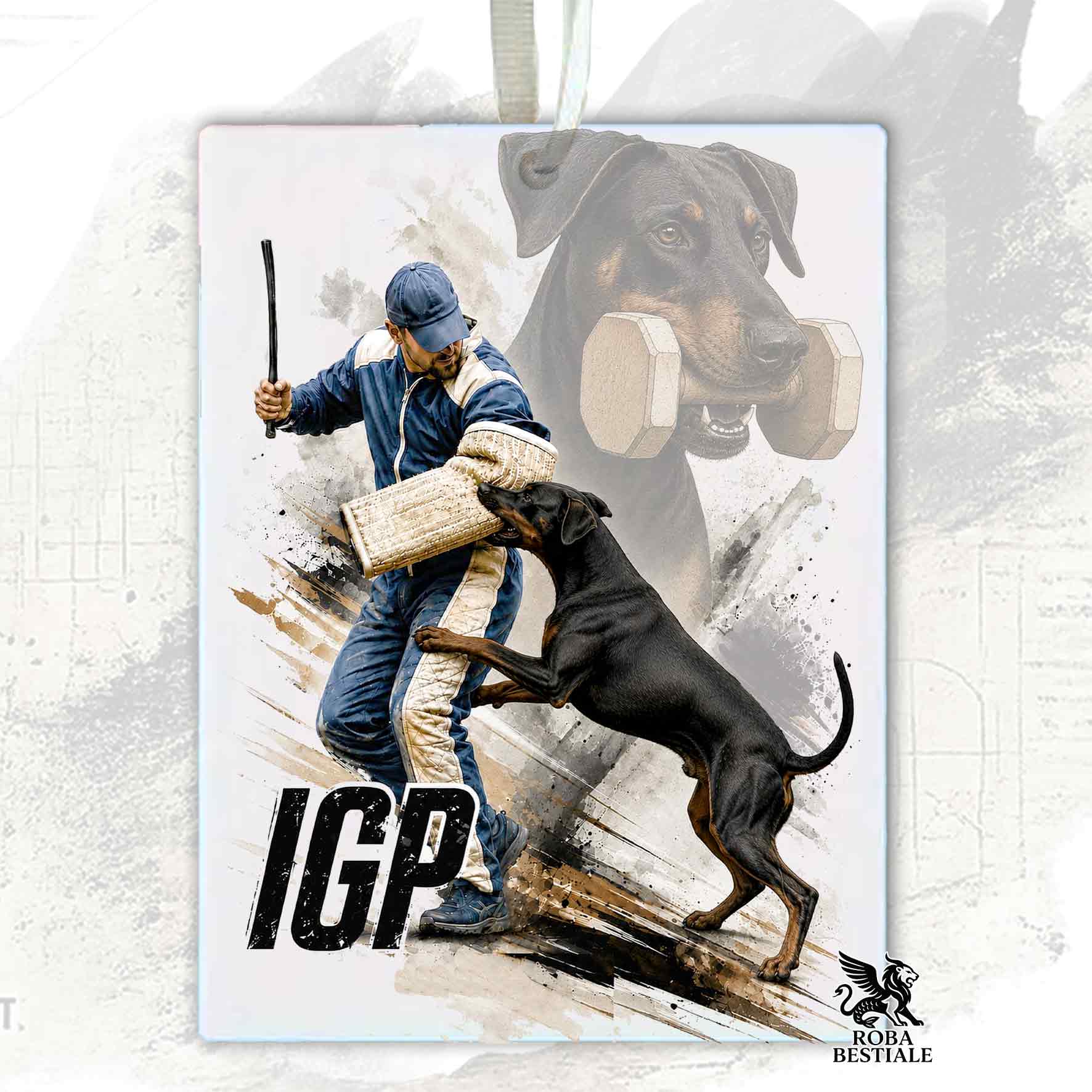 Profumatore in feltro con la stampa di un Dobermann che pratica IGP. Grafica originale Roba Bestiale