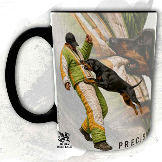 Tazza bianca con dettagli neri stampata una grafica originale di Roba Bestiale con un Dobermann che fa Mondioring
