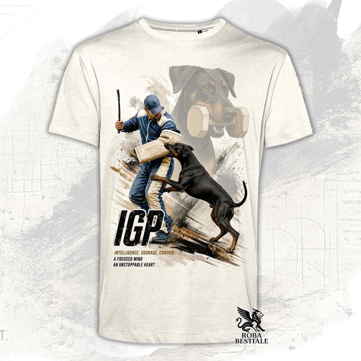 T-shirt beige stampata con un Dobermann in una grafica dedicata all'IGP, collezione Zero DIstance di Roba Bestiale