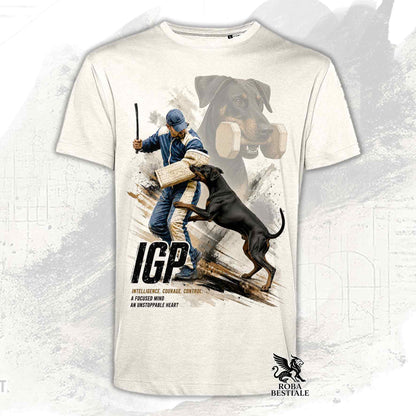 T-shirt beige stampata con un Dobermann in una grafica dedicata all'IGP, collezione Zero DIstance di Roba Bestiale