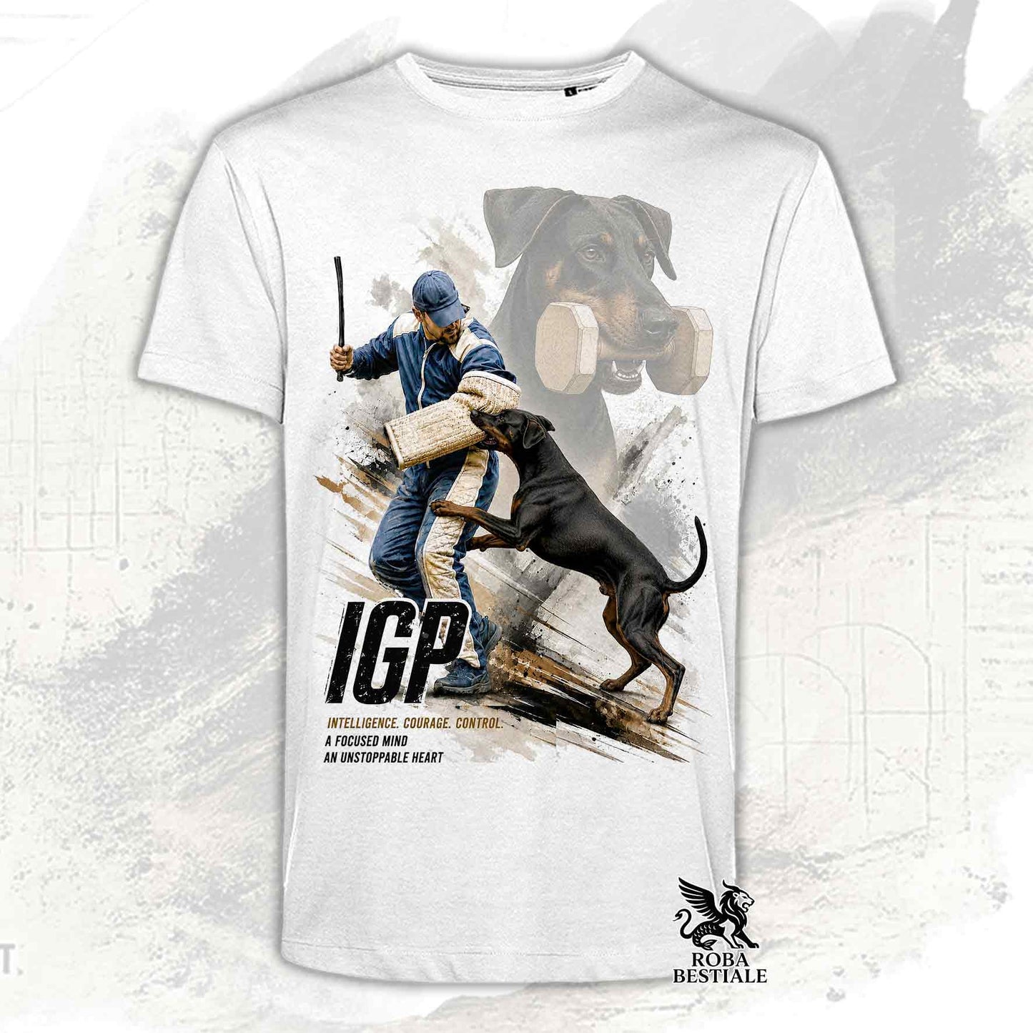 T-shirt bianca stampata con un Dobermann in una grafica dedicata all'IGP, collezione Zero DIstance di Roba Bestiale