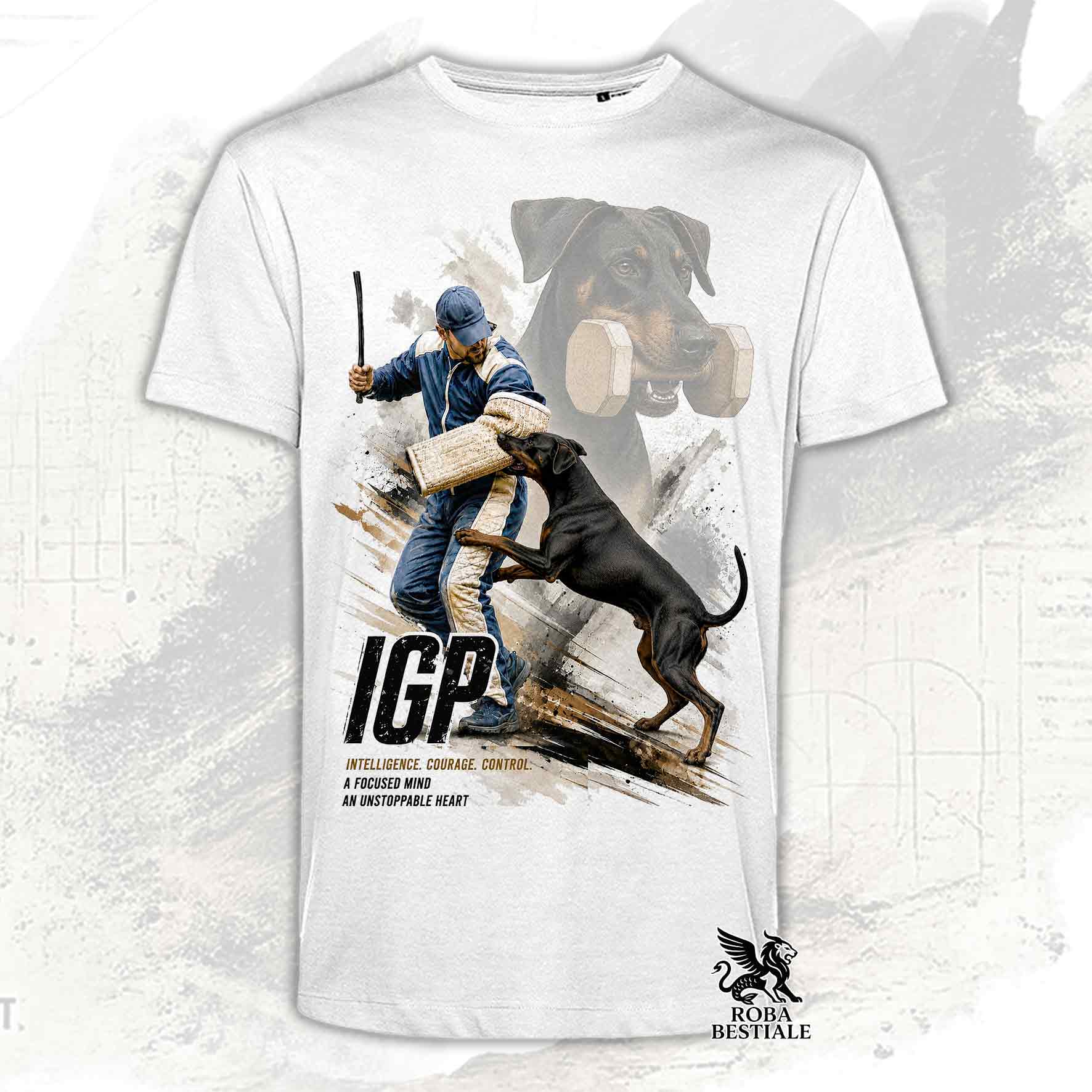 T-shirt bianca stampata con un Dobermann in una grafica dedicata all'IGP, collezione Zero DIstance di Roba Bestiale