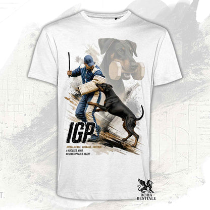 T-shirt bianca stampata con un Dobermann in una grafica dedicata all'IGP, collezione Zero DIstance di Roba Bestiale