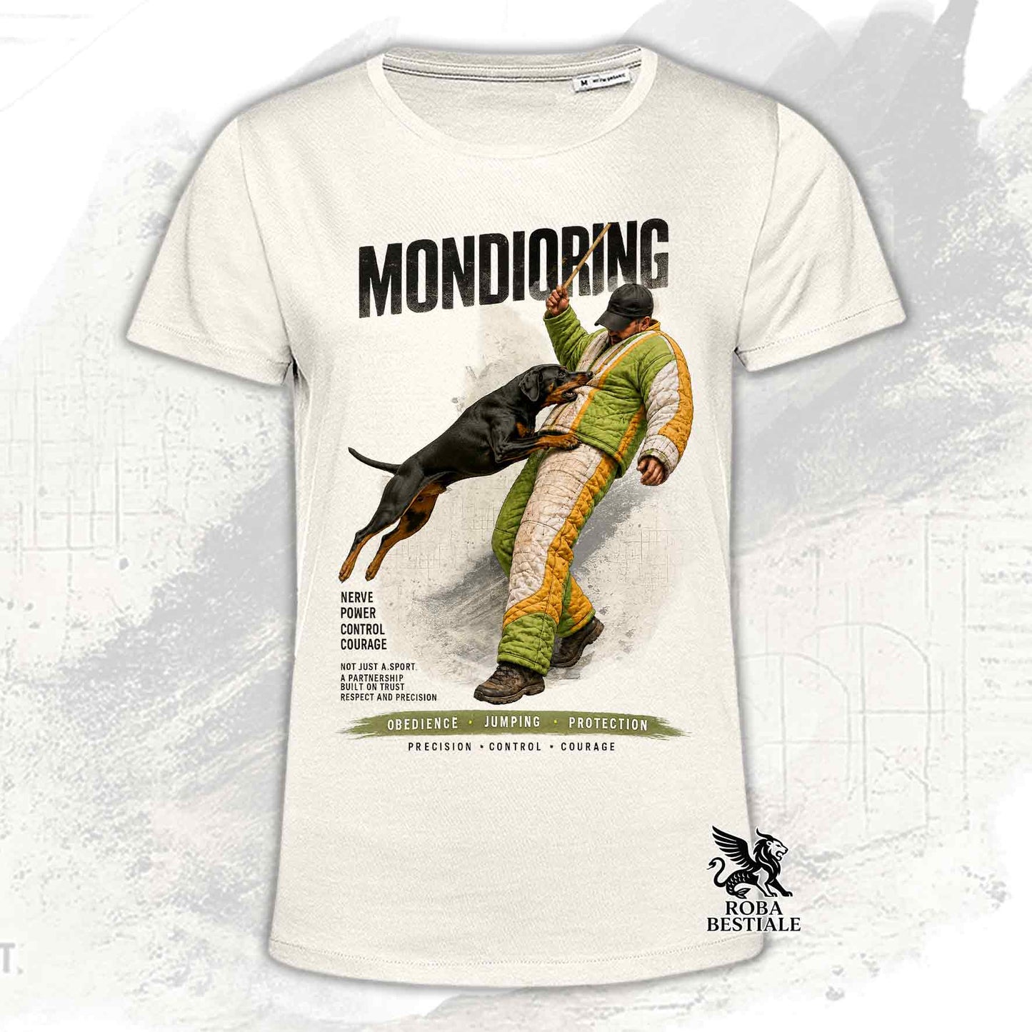T-shirt beige stampata con Dobermann in una grafica dedicata al Mondioring, collezione Zero DIstance di Roba Bestiale