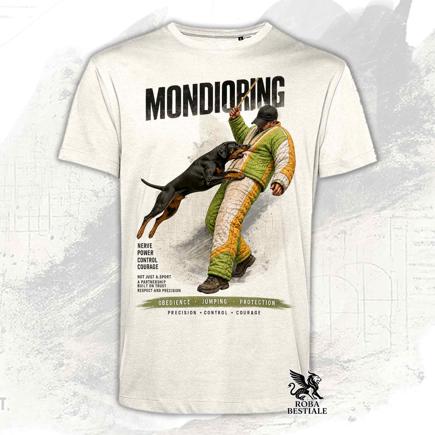 T-shirt beige stampata con Dobermann in una grafica dedicata al Mondioring, collezione Zero DIstance di Roba Bestiale
