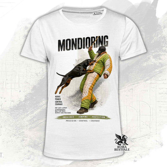 T-shirt bianca stampata con Dobermann in una grafica dedicata al Mondioring, collezione Zero DIstance di Roba Bestiale