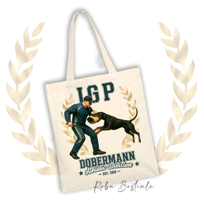 Borsa shopper stampata con un Dobermann che fa IGP. Grafica originale Roba Bestiale