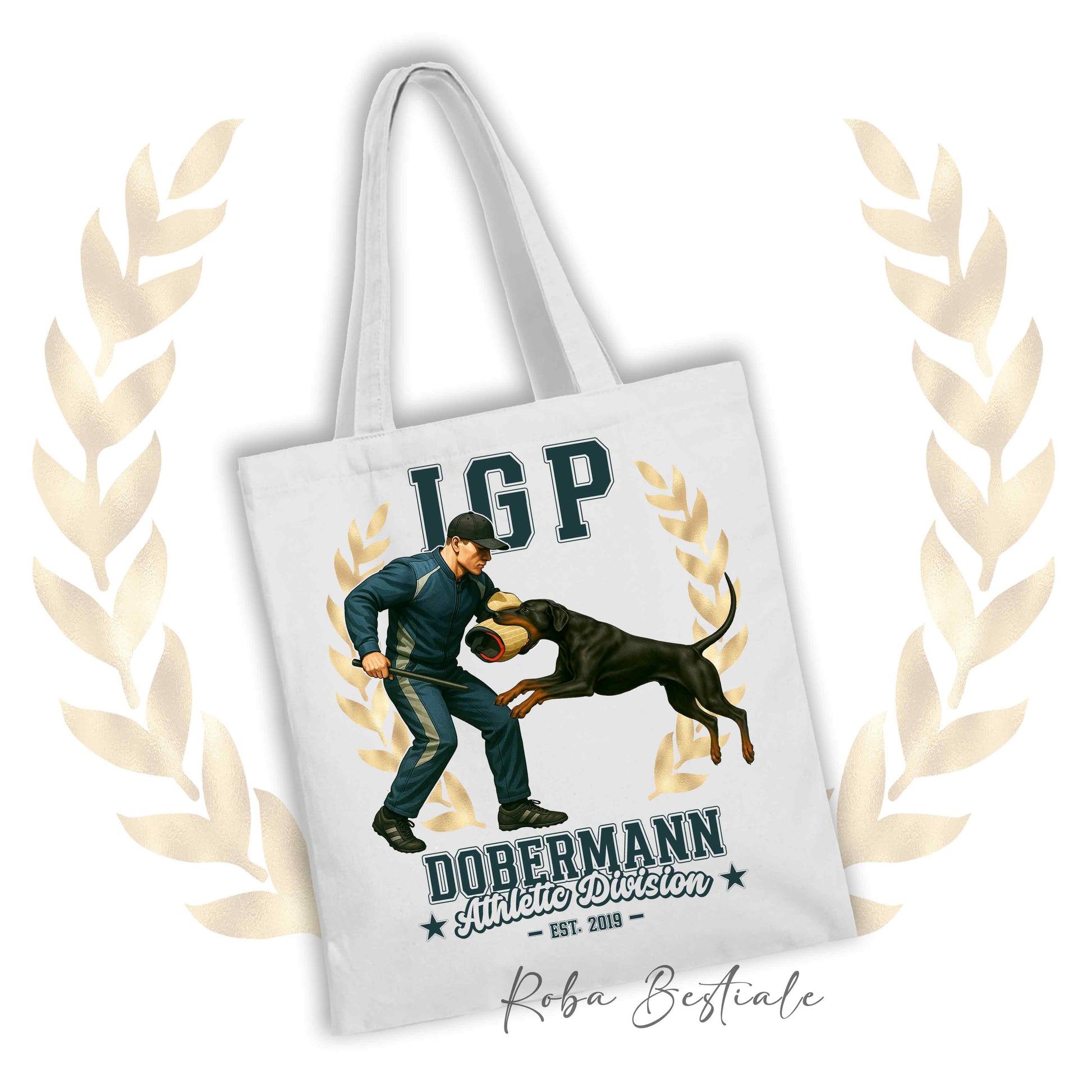 Borsa shopper stampata con un Dobermann che fa IGP. Grafica originale Roba Bestiale