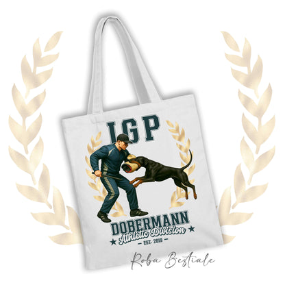 Borsa shopper stampata con un Dobermann che fa IGP. Grafica originale Roba Bestiale