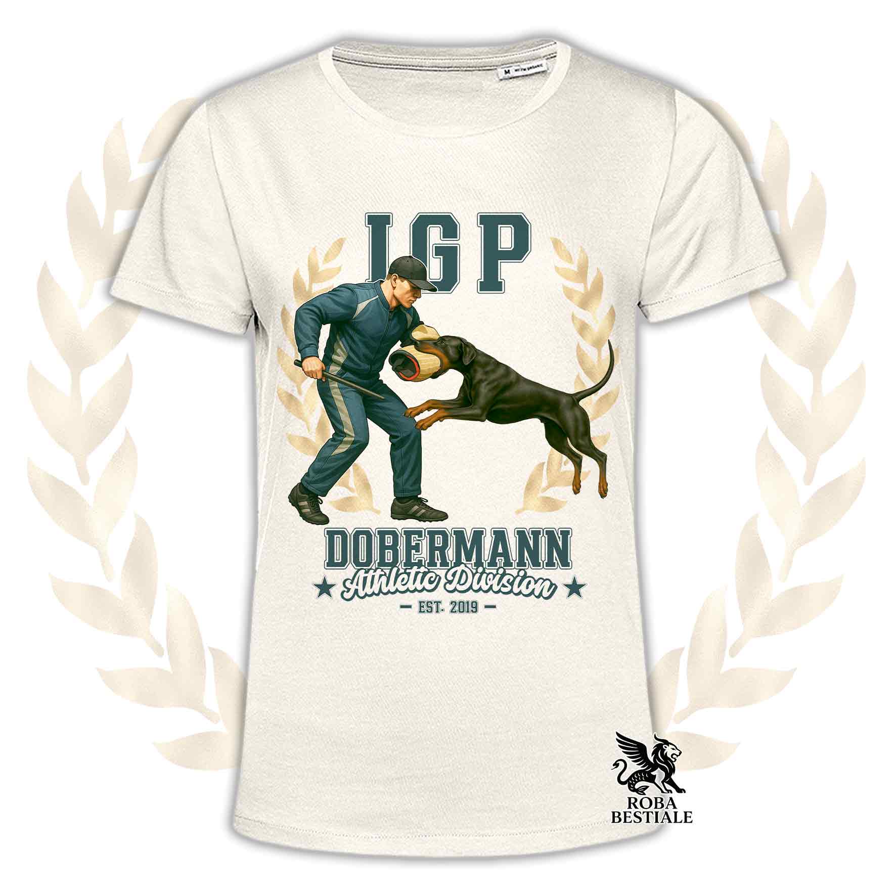 Una t-shirt stampata con un Dobermann che fa IGP. Grafica originale Roba Bestiale