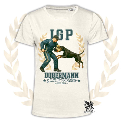 Una t-shirt stampata con un Dobermann che fa IGP. Grafica originale Roba Bestiale