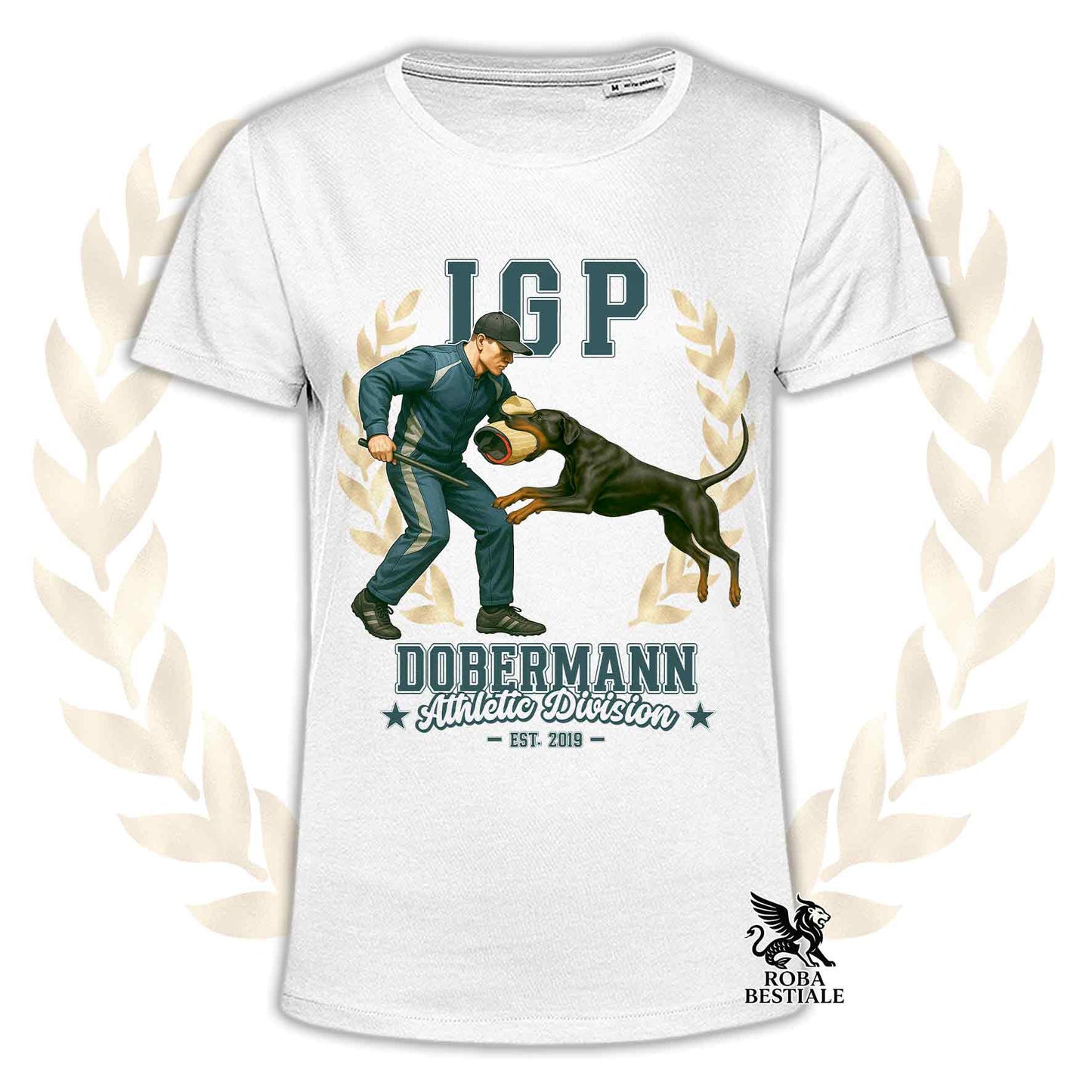 Una t-shirt stampata con un Dobermann che fa IGP. Grafica originale Roba Bestiale