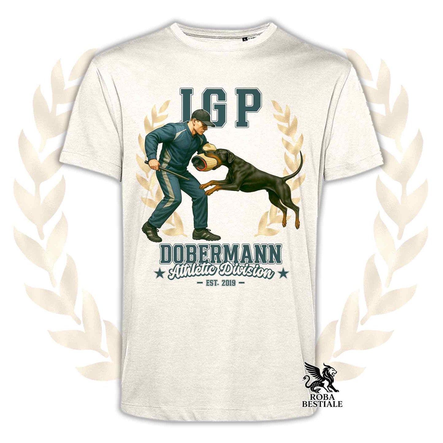 Una t-shirt stampata con un Dobermann che fa IGP. Grafica originale Roba Bestiale