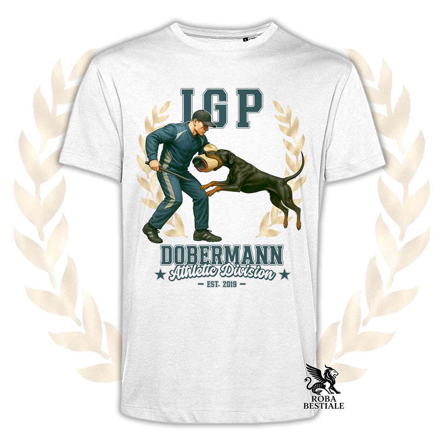 Una t-shirt stampata con un Dobermann che fa IGP. Grafica originale Roba Bestiale