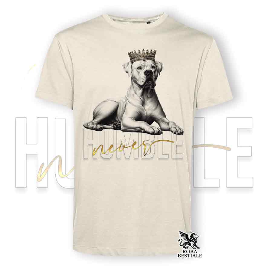 T-shirt stampata con un Dogo Argentino, colore beige con grafica Never Humble