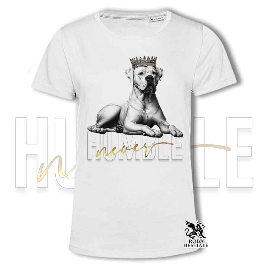 T-shirt stampata con un Dogo Argentino, colore bianco con grafica Never Humble