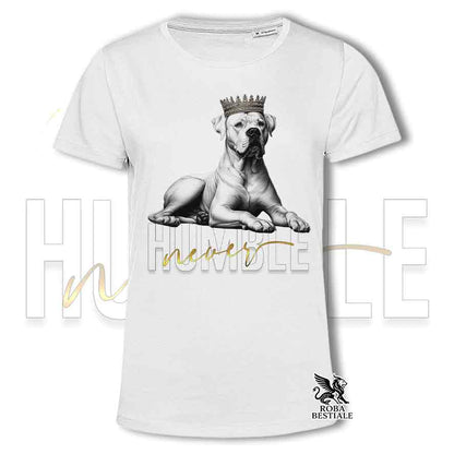 T-shirt stampata con un Dogo Argentino, colore bianco con grafica Never Humble