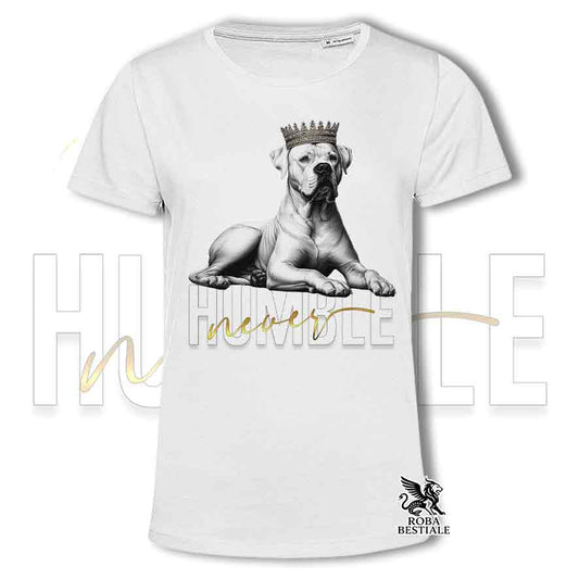T-shirt stampata con un Dogo Argentino, colore bianco con grafica Never Humble