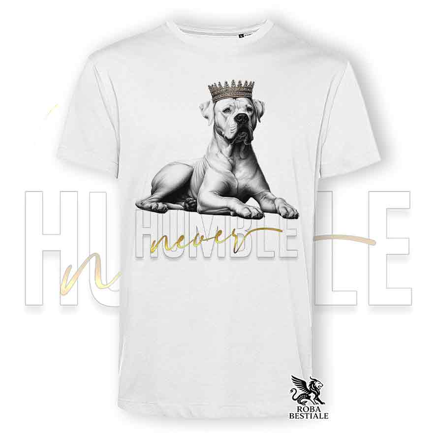 T-shirt stampata con un Dogo Argentino, colore bianco con grafica Never Humble