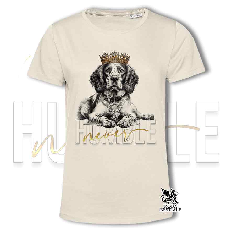 T-shirt stampata con un Epagneul Breton, colore beige con grafica Never Humble