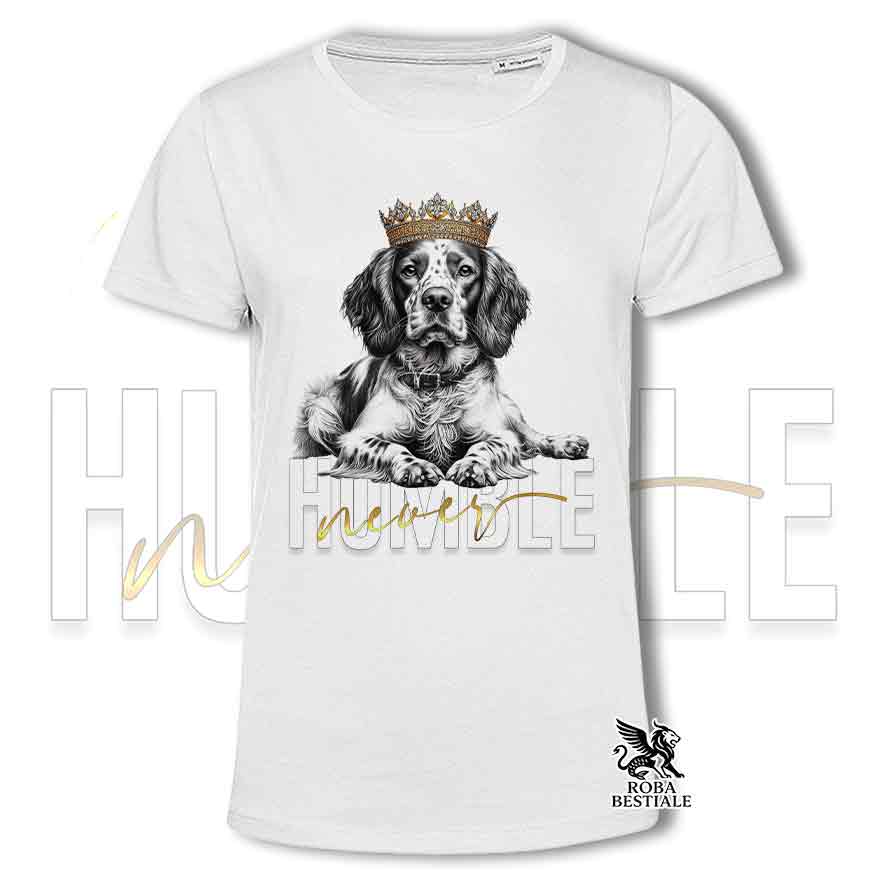 T-shirt stampata con un Epagneul Breton, colore bianco con grafica Never Humble