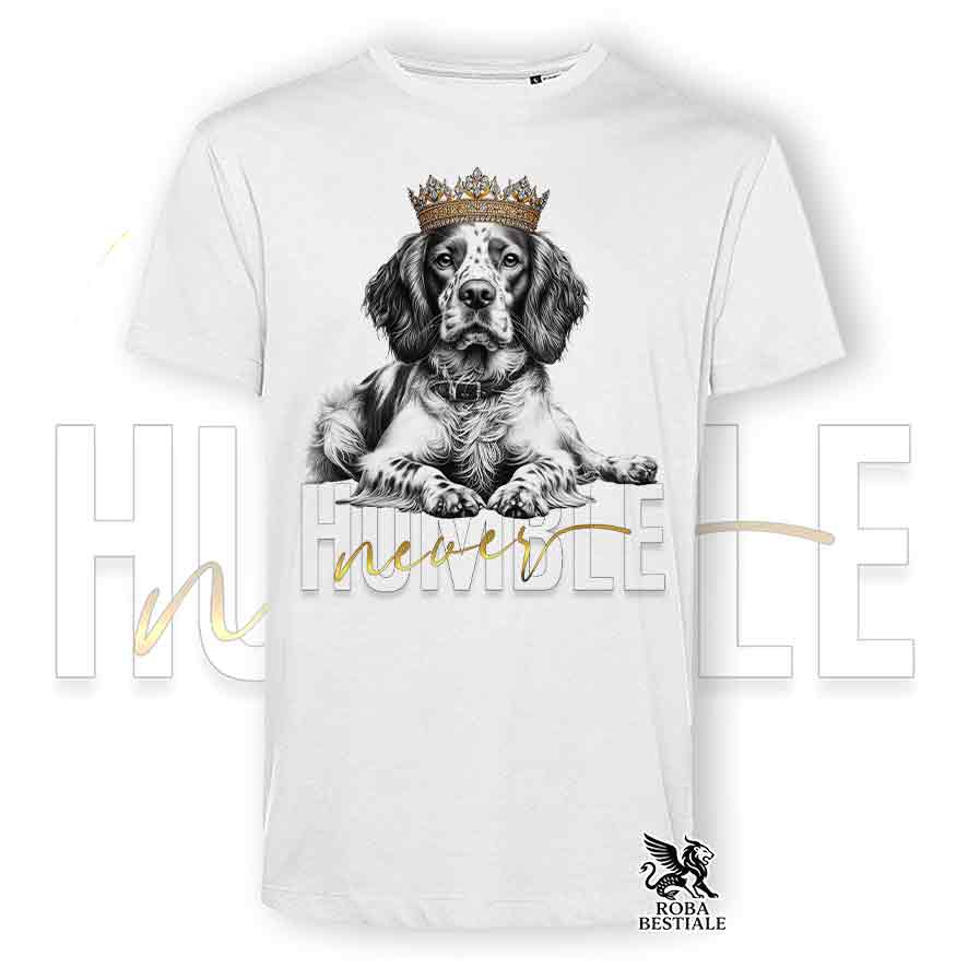 T-shirt stampata con un Epagneul Breton, colore bianco con grafica Never Humble