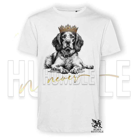 T-shirt stampata con un Epagneul Breton, colore bianco con grafica Never Humble