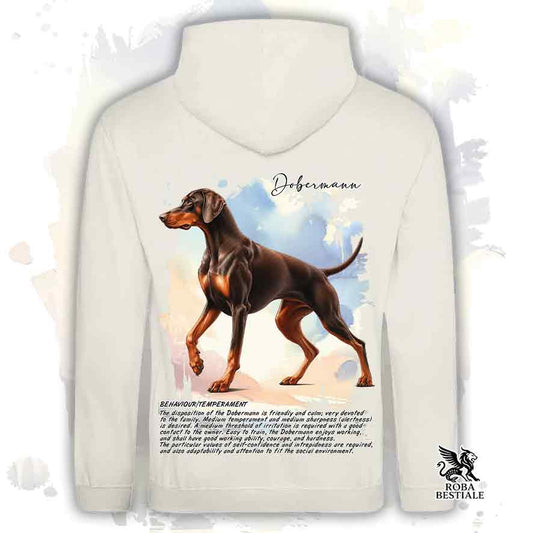Felpa con cappuccio Dobermann marrone focato, colore beige con grafica Behavior