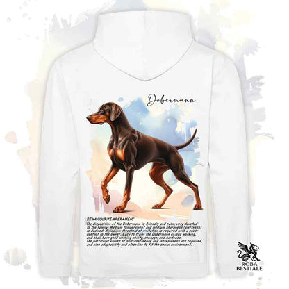 Felpa con cappuccio Dobermann marrone focato, colore bianco con grafica Behavior