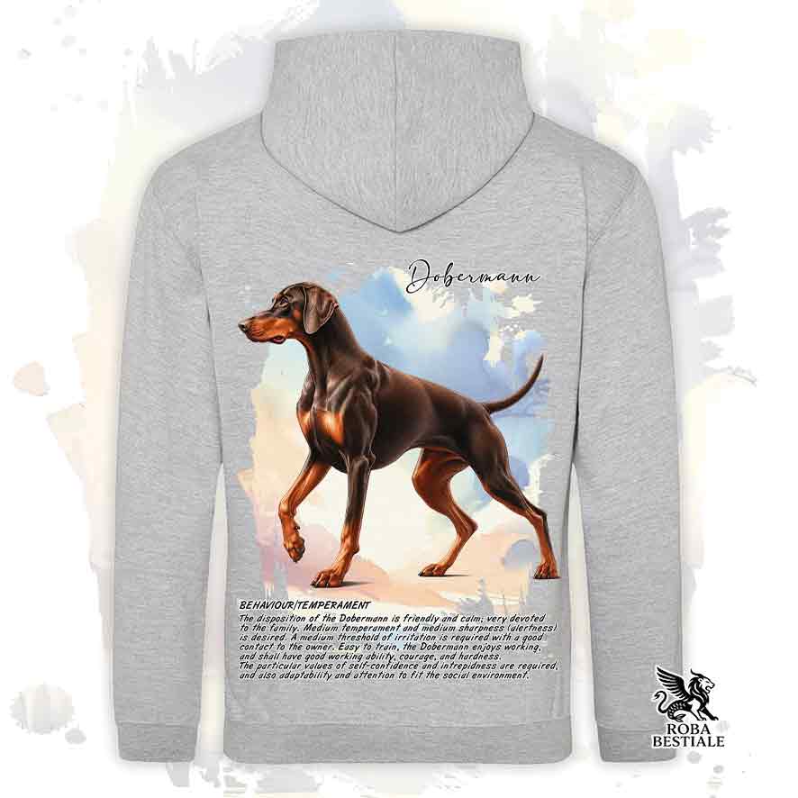 Felpa con cappuccio Dobermann marrone focato, colore grigio con grafica Behavior