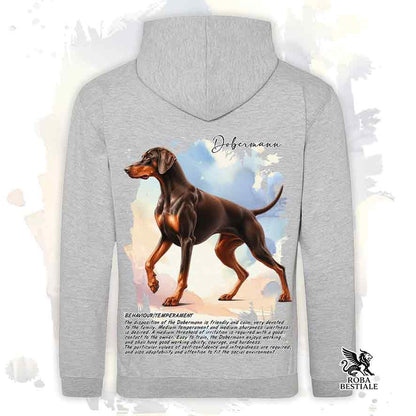 Felpa con cappuccio Dobermann marrone focato, colore grigio con grafica Behavior