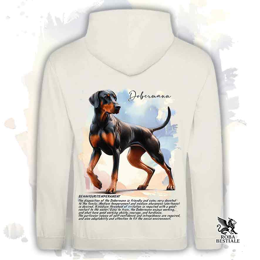 Felpa con cappuccio Dobermann nero focato, colore beige con grafica Behavior